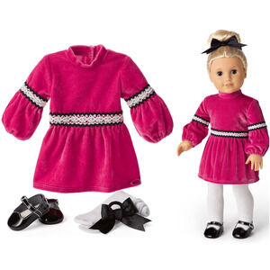 NEW American Girl JULIE CHRISTMAS OUTFIT 70's Velvet Dress Hair Bow Tights Shoes